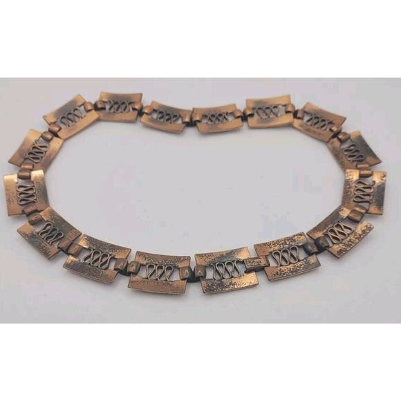 Renior Copper Rectangular Reticulated Link 15" Choker Necklace & Earring Set VTG - Picture 8 of 15